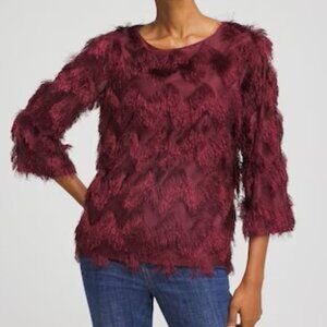 Chico's Wine Textured Fringe 3/4 Sleeve Top